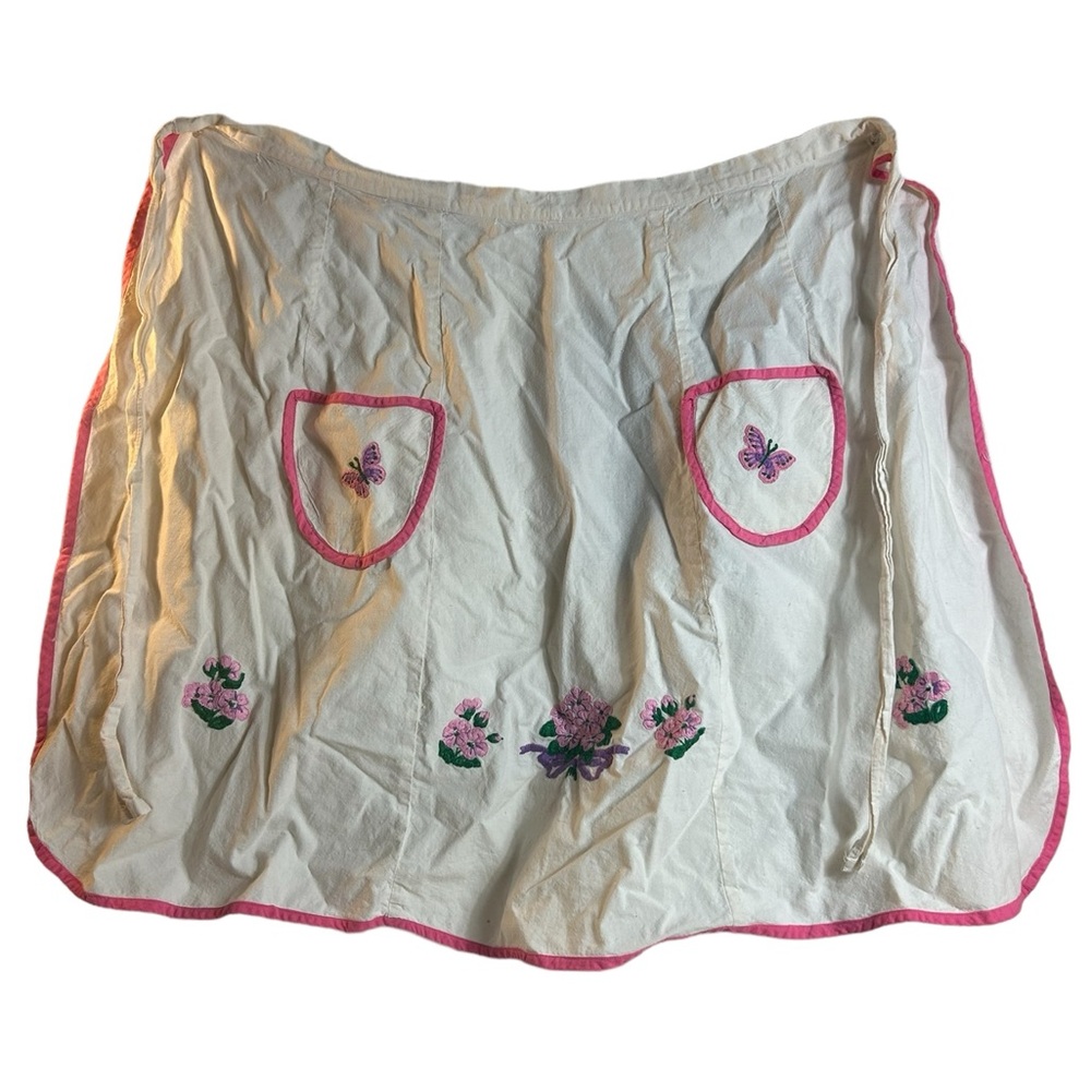 Vintage Half Apron Embroidered Flowers Pockets Pink Trim M-XL Butterfly Tie Back